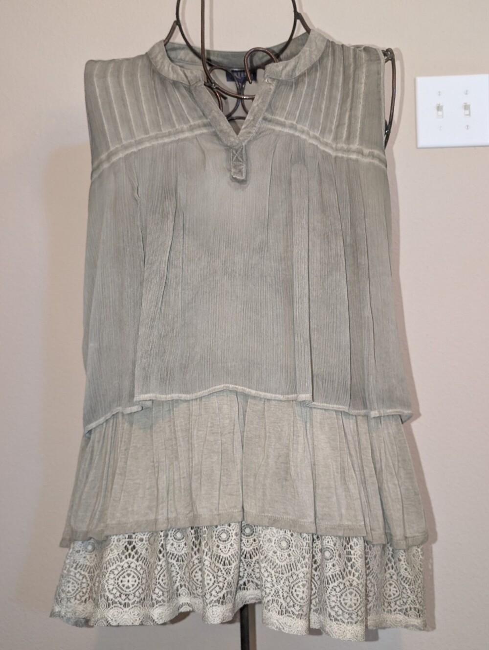 Artesia Sage Romantic Sleeveless Ruffle Tiered Lace Tunic